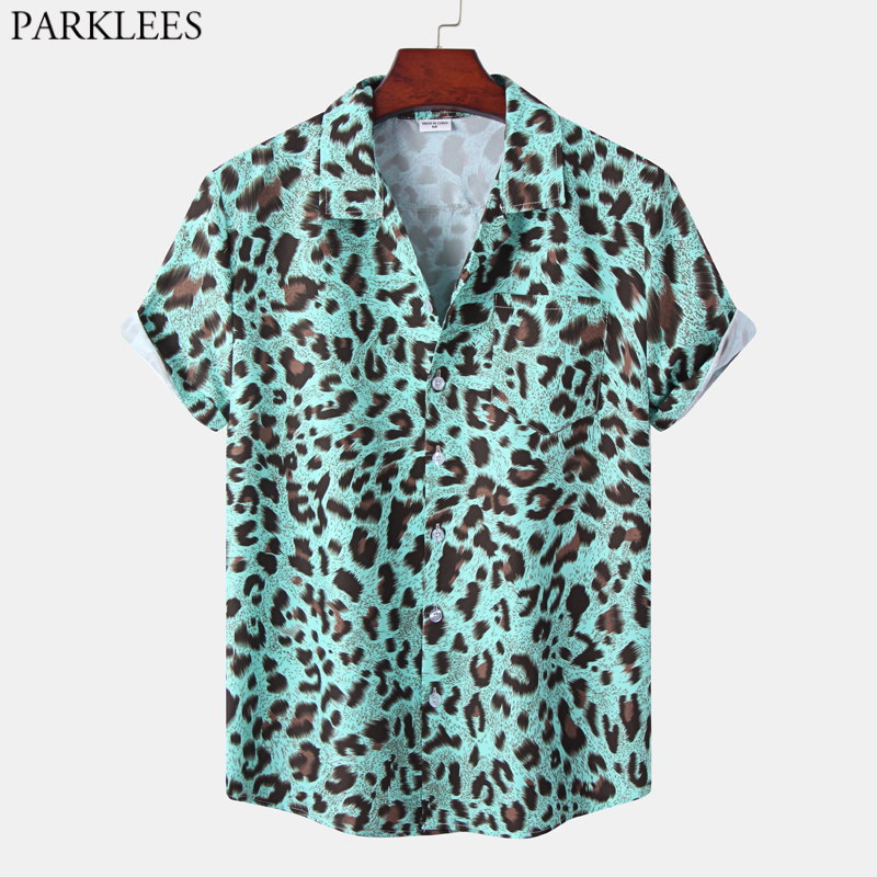 Sexy Leopard Print Mens Hawaiian Shirt  Summer Short Seleeve Quick Dry Beach Shirts Men Holiday Aloha Rock Party Shirt